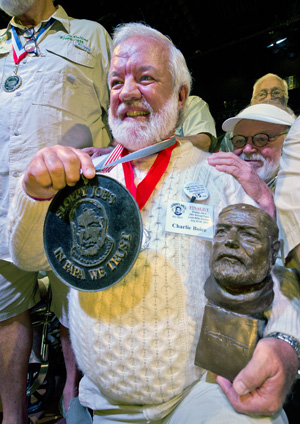 Charlie Boice beams after winning the 2015 "Papa" Hemingway Look-Alike Contest at Sloppy Joe's Bar. Boice finally won the contest after trying for 15 years. Images: Andy Newman